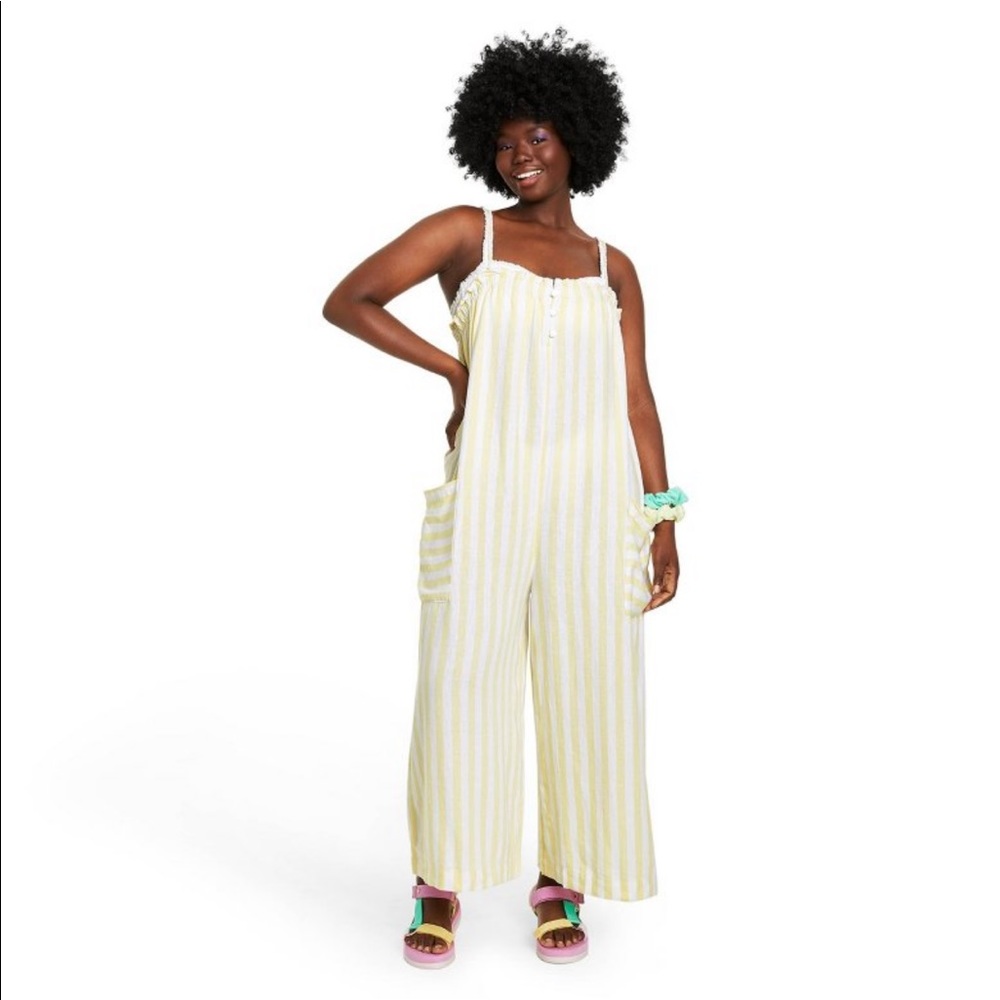 Stoney Clover Lane Linen Jumpsuit - Yellow & White - Size Large - Picture 9 of 10